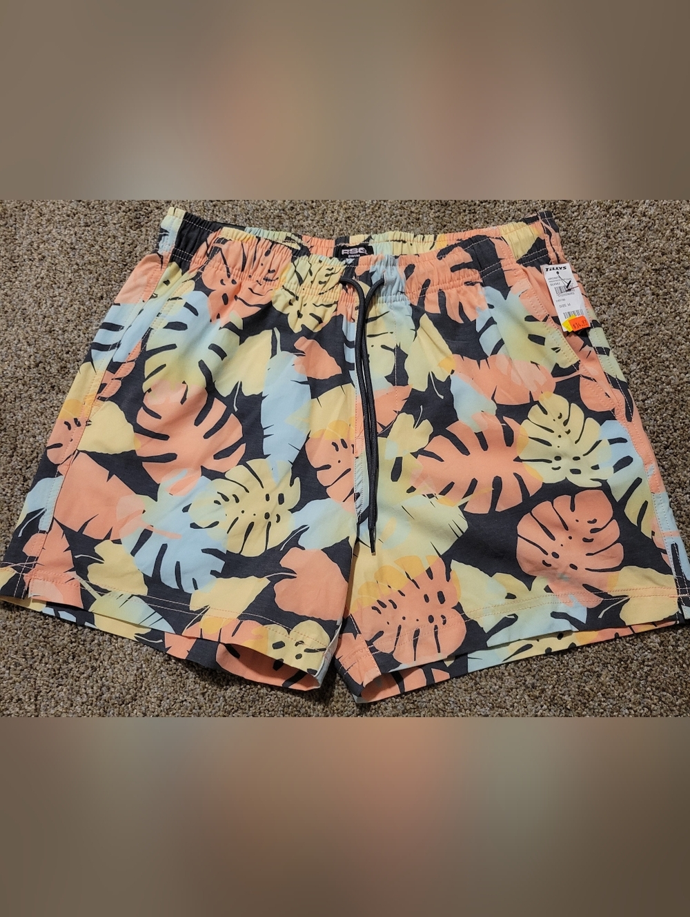 RSQ Swim Men's Tropical Leaf Swim Shorts - Coral, Yellow & Light Blue